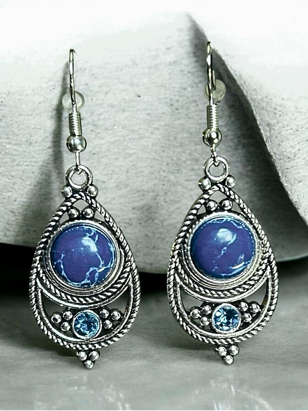 Retro Blue Stone Teardrop Dangle Earrings - Silver-Tone